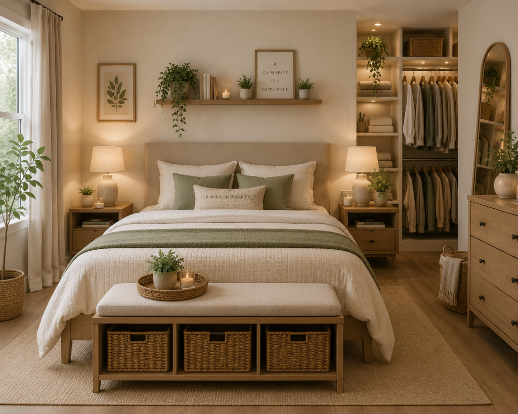 Organized bedroom with storage bench and walk-in closet