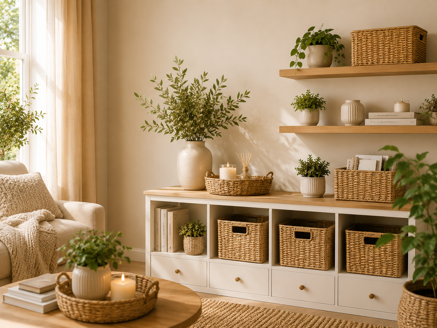 Living room storage with baskets and shelves