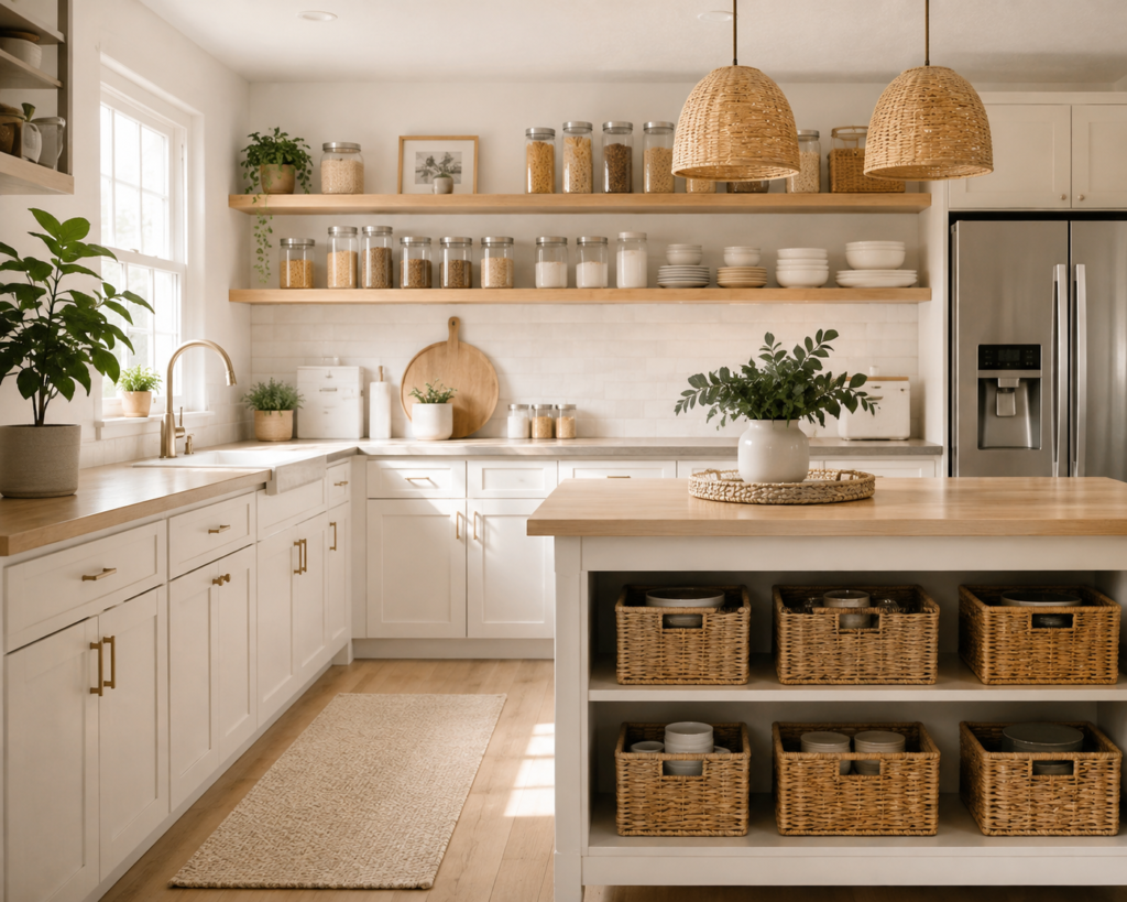 Organized kitchen with open shelves and storage baskets