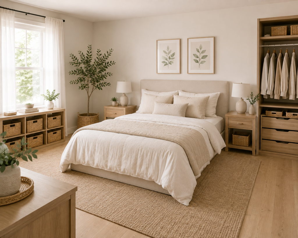 Organized bedroom with bed, storage baskets, and wardrobe