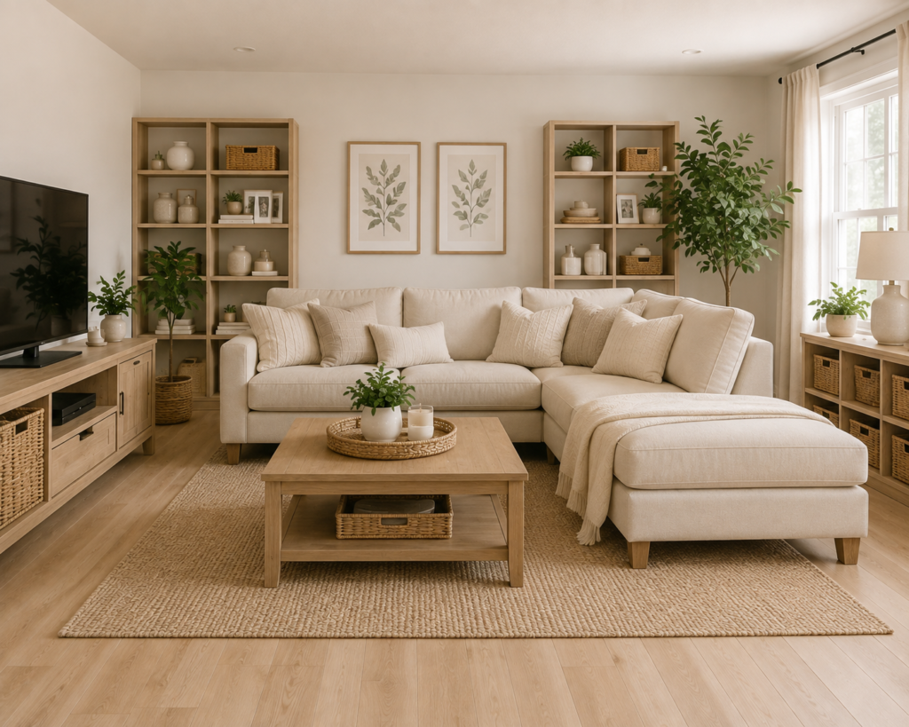 Organized living room with sofa, shelves, and storage baskets
