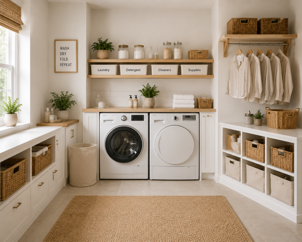 Organized laundry room with washer, dryer, shelves, and baskets