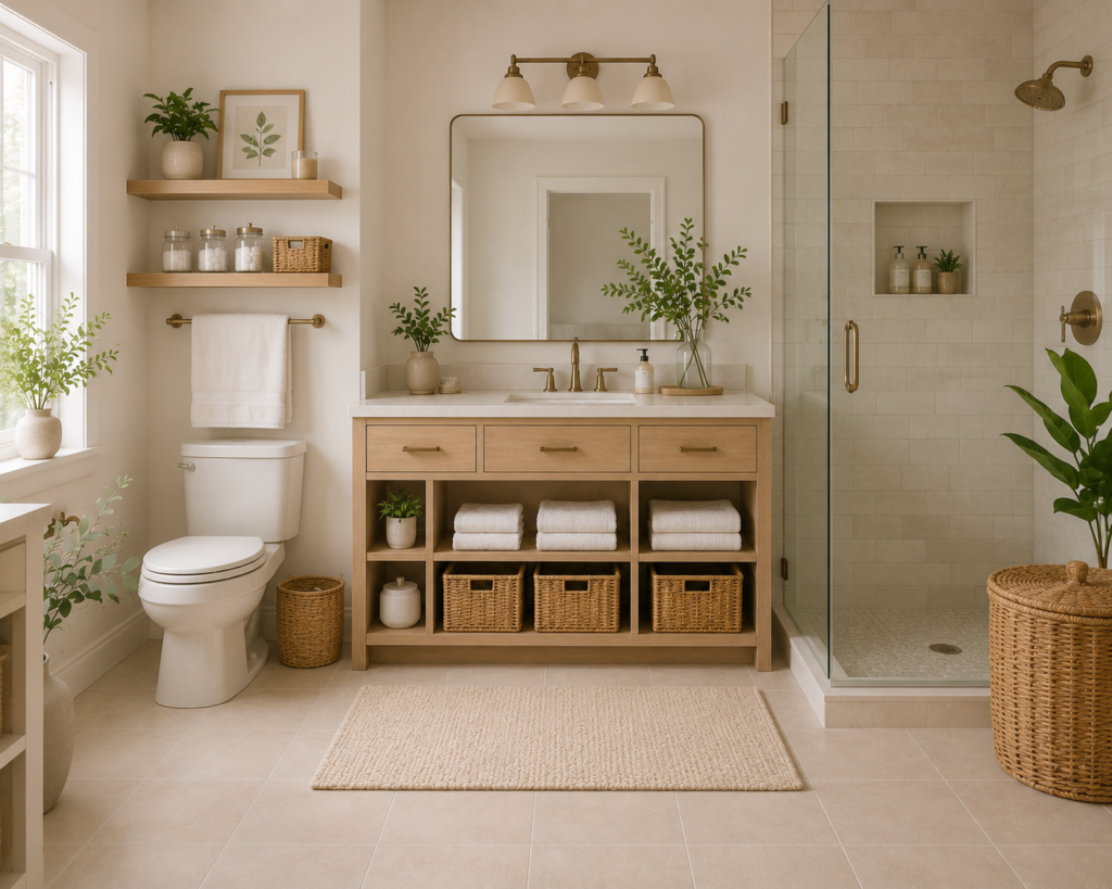 Organized bathroom with vanity, shelves, and storage baskets