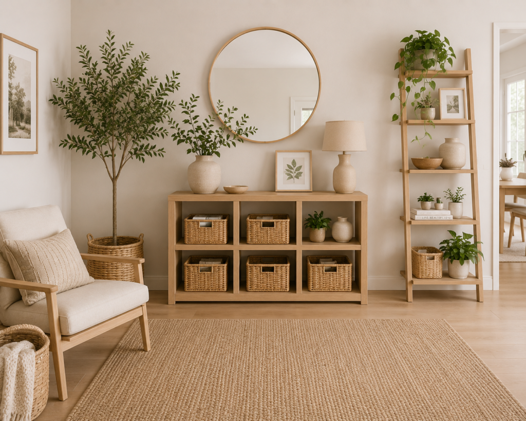 Organized living room with storage baskets, shelves, and plants