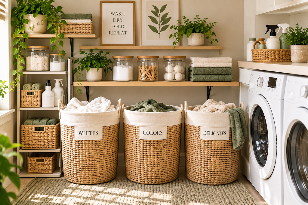 Storage baskets organized in a small laundry room