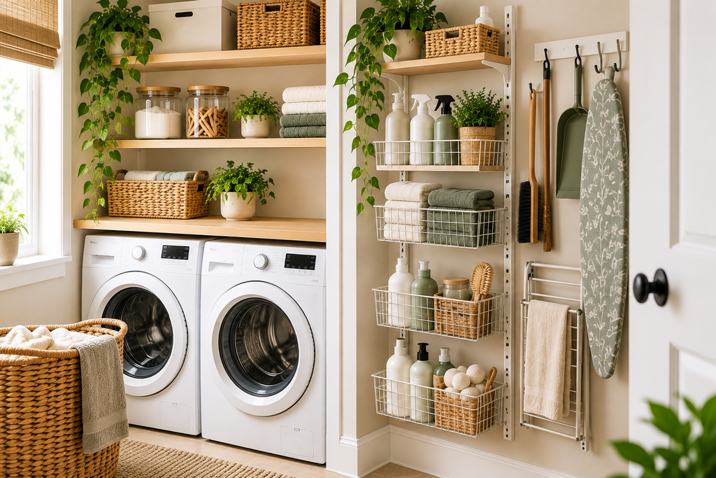 Small laundry room organization with shelves above washer and dryer