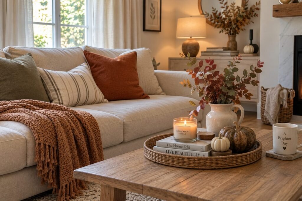 Cozy fall living room with warm neutral decor
