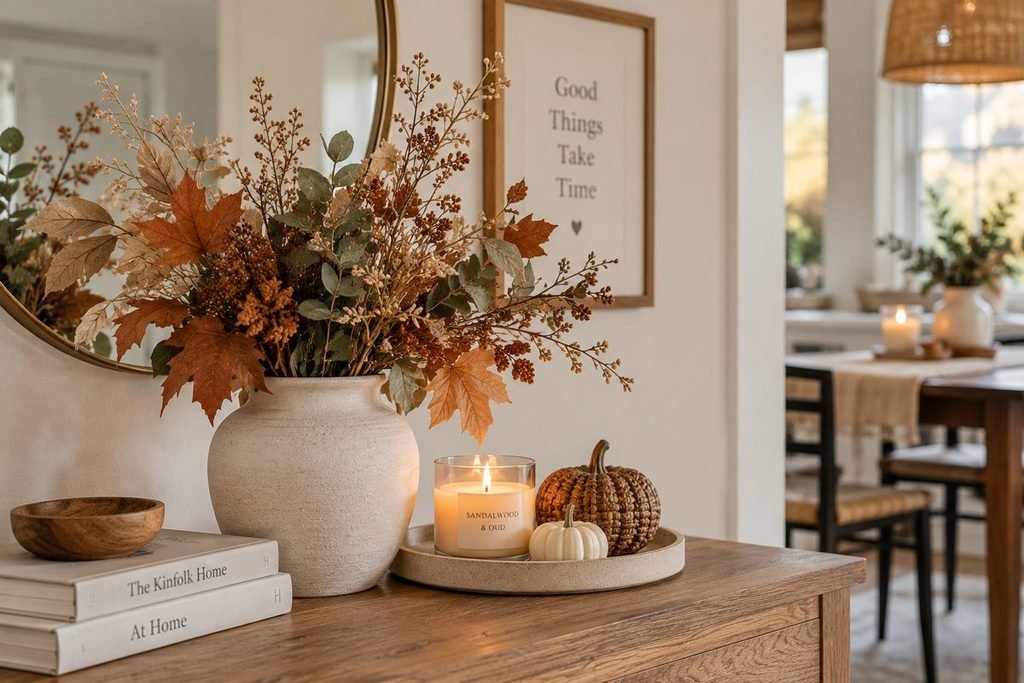 Natural fall foliage in a neutral vase for cozy home decor