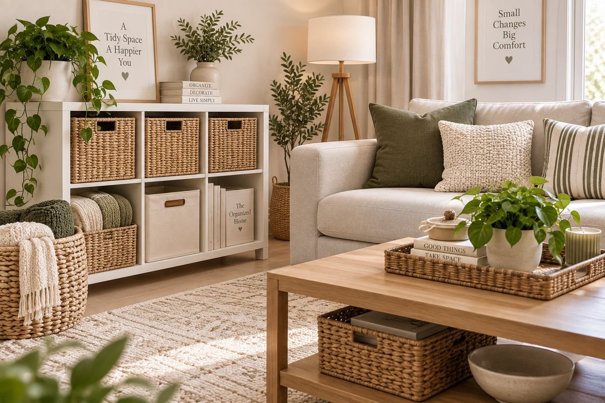 Living room storage baskets for organizing a small space