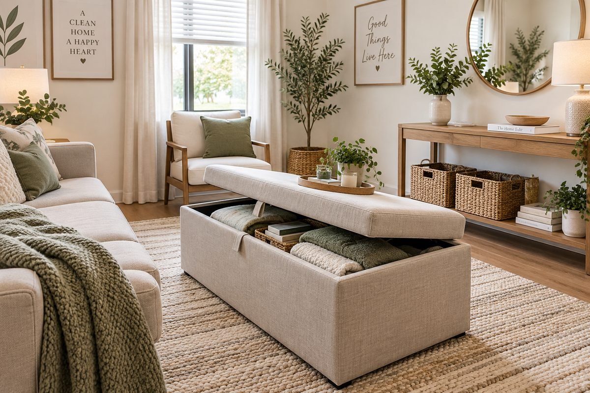 Small living room with multifunctional storage furniture