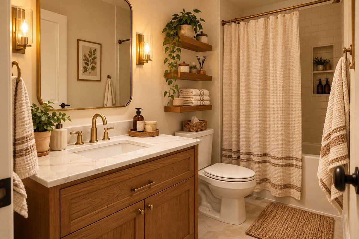 small bathroom decor ideas with warm lighting, mirror, wall storage and natural accents