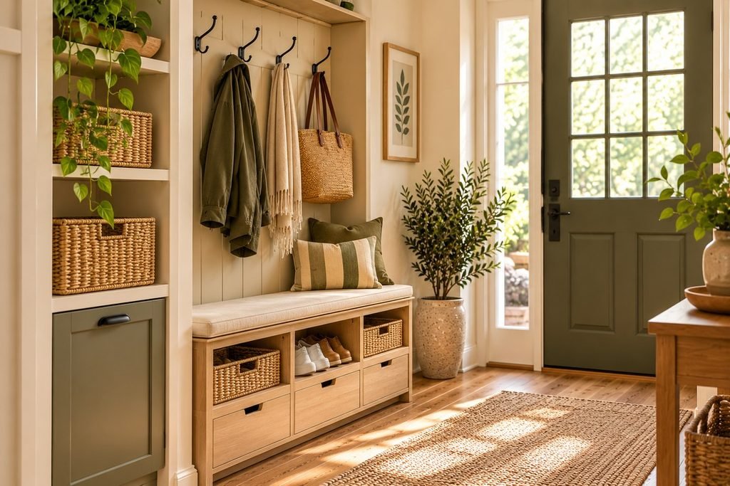 Wall-mounted entryway coat hooks with coats, bag and woven storage