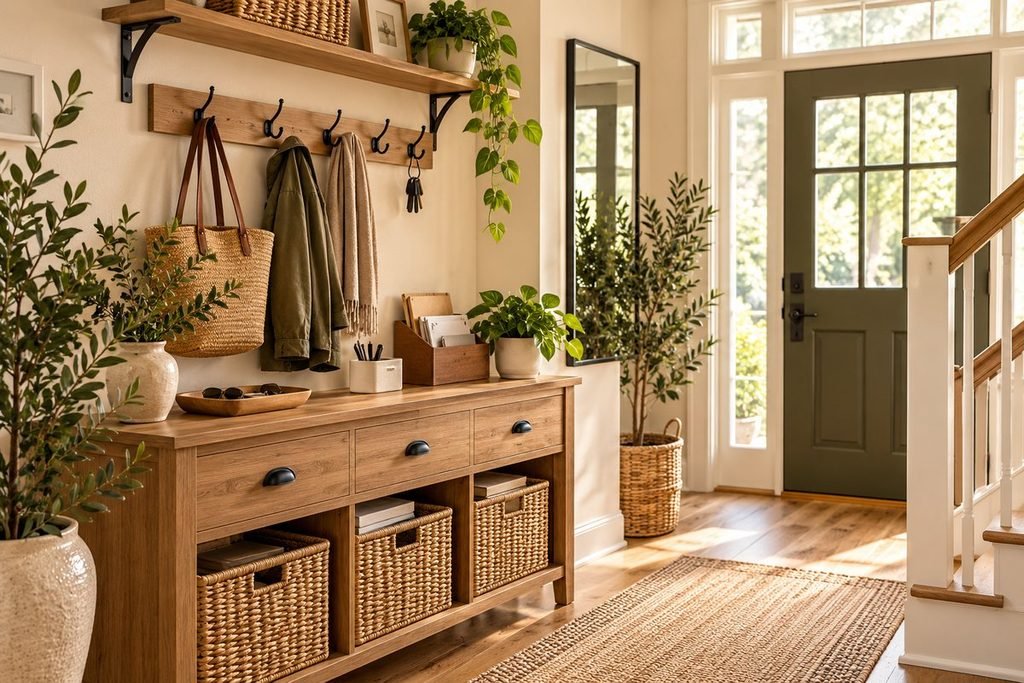 Entryway drop zone with wall hooks, console storage and woven baskets