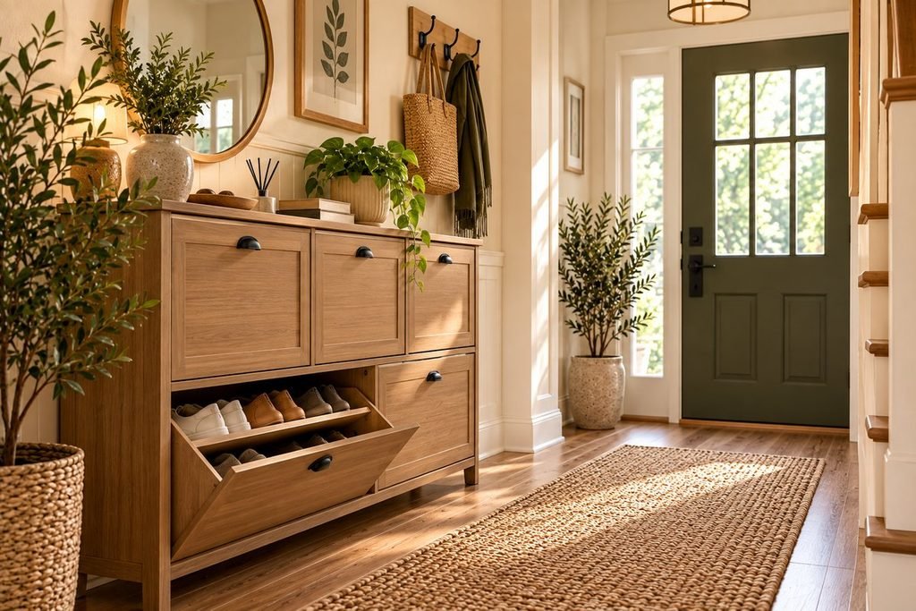 Slim entryway shoe cabinet with organized footwear and natural decor
