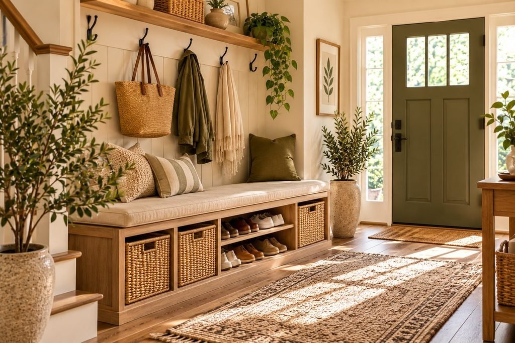 Entryway storage bench with shoe storage and woven baskets