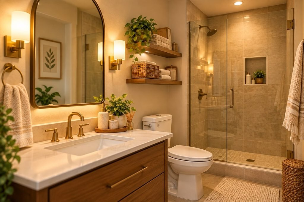 small bathroom with warm layered lighting, brass sconces, mirror and cozy neutral decor